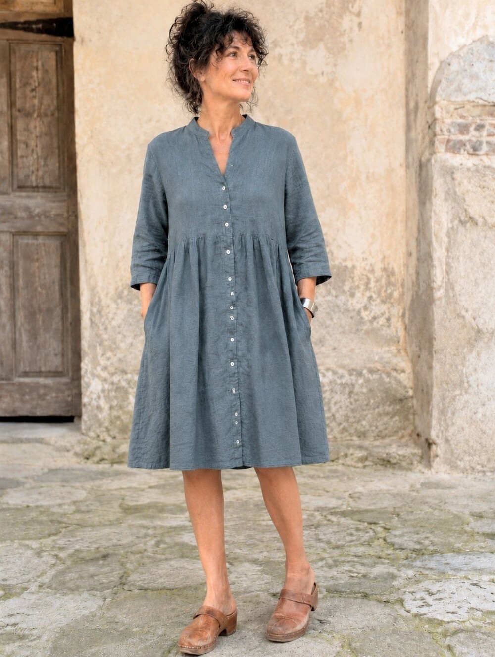 100% Pure Italian Linen Lagenlook Button Front Dress Blue Made in Italy